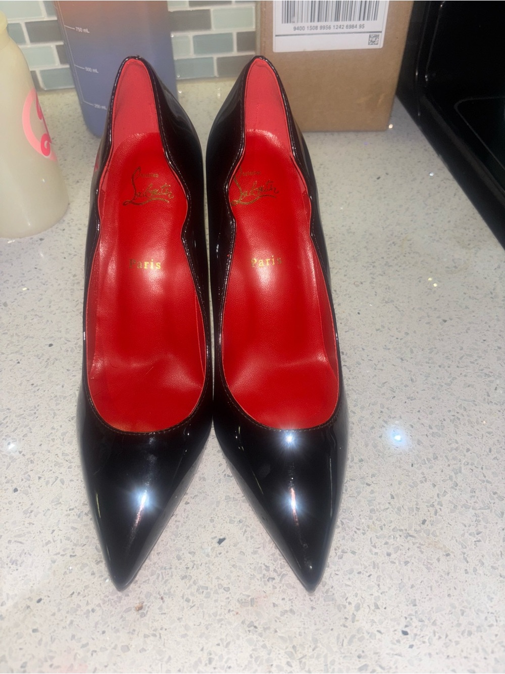 Christian Louboutin Black Patent Pointed-Toe Pumps with Red Insole
